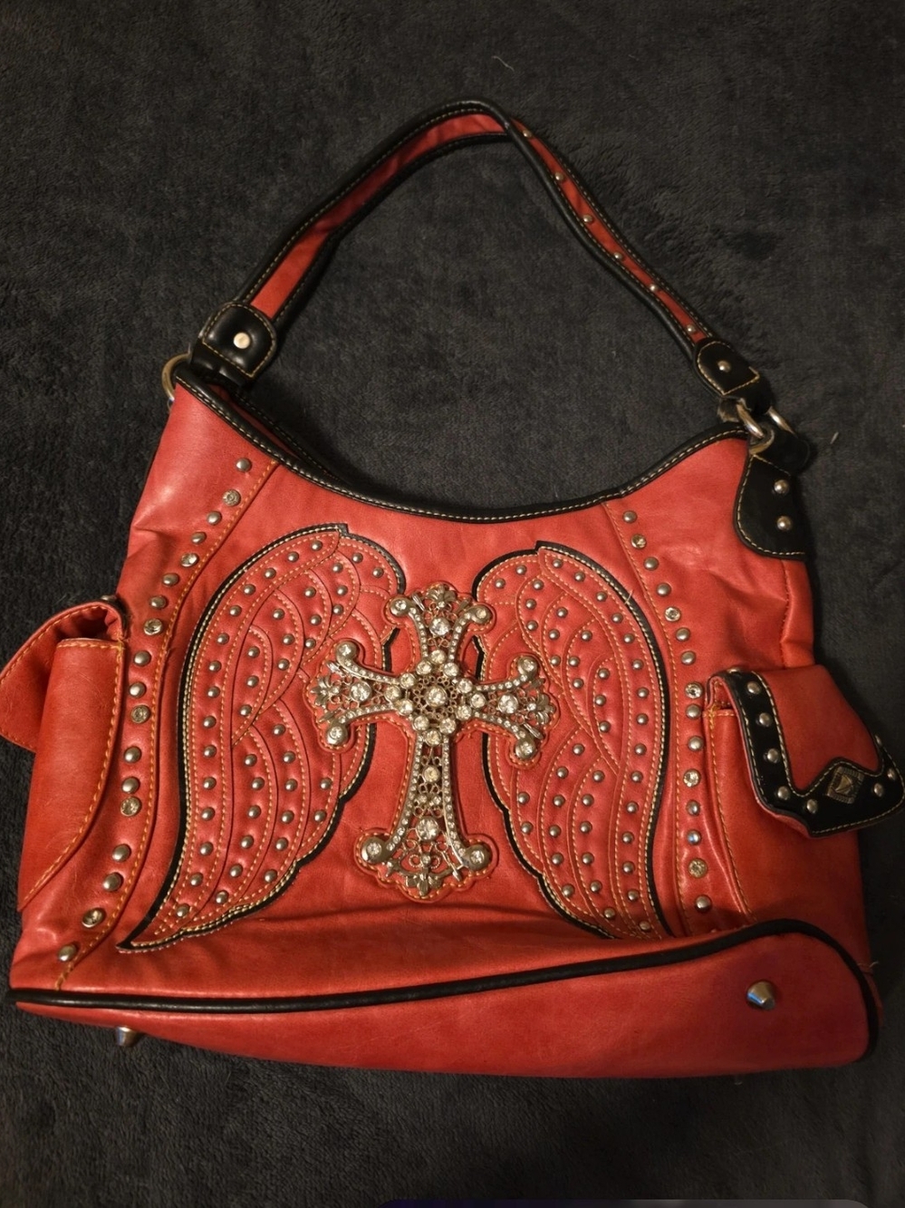 Red Western Embellished Leather Cross & Wings Shoulder Bag